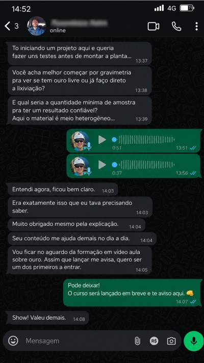 Conversa real recebida no WhatsApp sobre conteúdo da Escola do Ouro 5