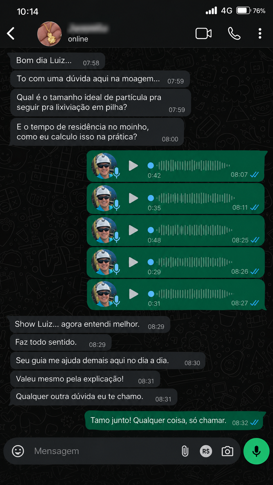 Conversa real recebida no WhatsApp sobre conteúdo da Escola do Ouro 2