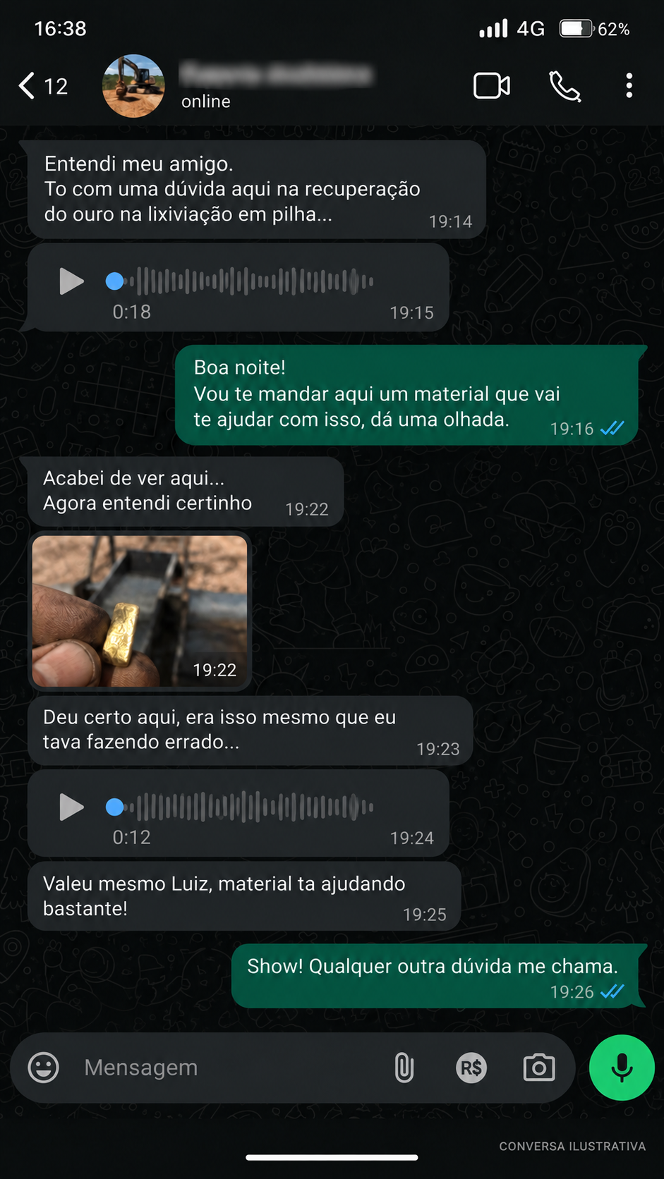 Conversa real recebida no WhatsApp sobre conteúdo da Escola do Ouro 3